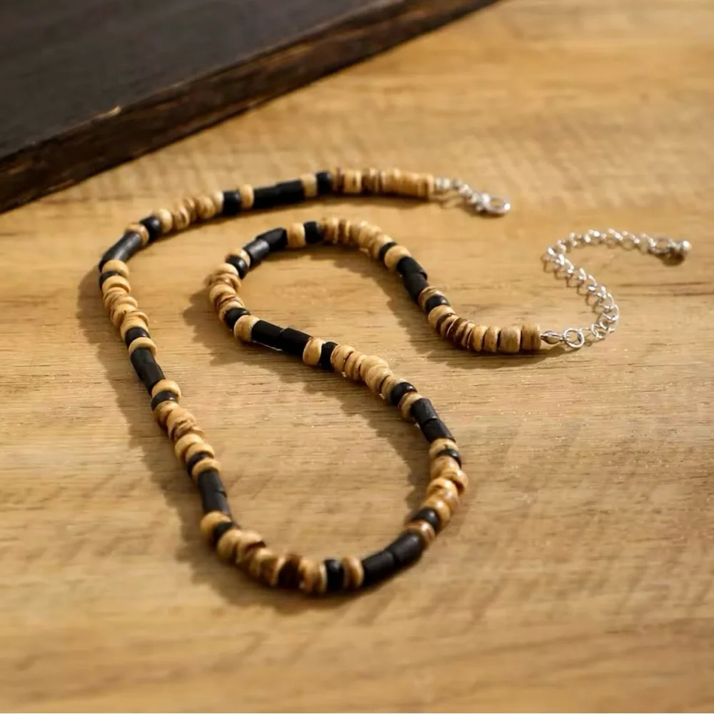 Brown and Black Small Beaded Chain Necklace Men Trendy Wood Beads